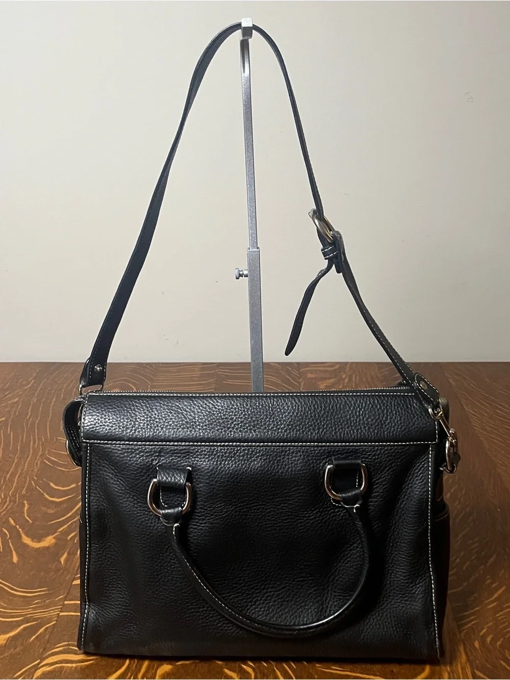 Dooney & Bourke Black Pebbled Leather Double Pocket Satchel